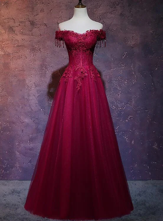 Beautiful Wine Red Tulle Sweetheart Long Prom Dress, A-line Party Dress KS5885 Boat Neckline Classic Beautiful Wine Red Tulle Sweetheart Long Prom Dress, A-line Party Dress KS5885 Boat Neckline Classic