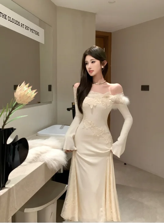Pure desire temperament stitching lace slim fishtail dress Tunics Silk luxurious