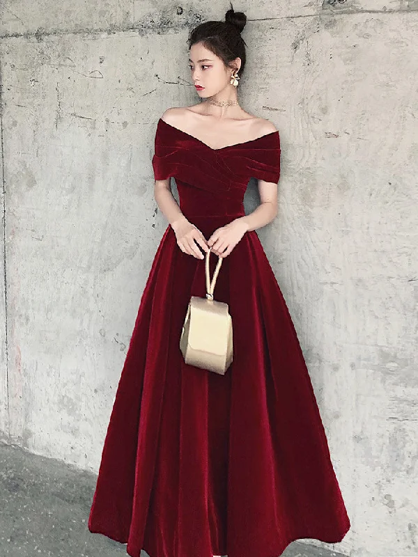 Elegant Velvet Burgundy Long Party Dress, A-line Evening Gown Tunics Party sparkling Elegant Velvet Burgundy Long Party Dress, A-line Evening Gown Tunics Party sparkling