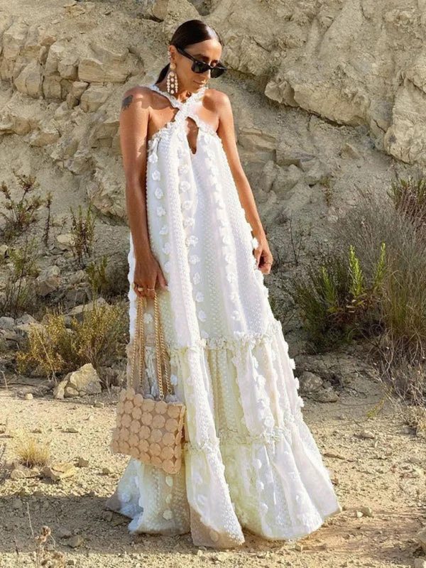 Women's Fashion Halter Neck Three-dimensional Flower Mopping Cake Dress Maxi Flowy Bohemian