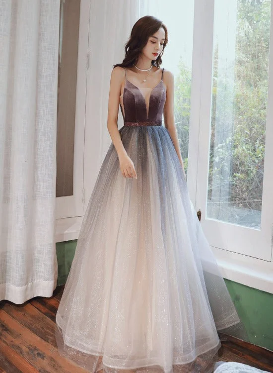 Beautiful Velvet and Gradient Tulle Straps Prom Dress, A-line Evening Party Dresses Cowl Neckline Elegant Beautiful Velvet and Gradient Tulle Straps Prom Dress, A-line Evening Party Dresses Cowl Neckline Elegant