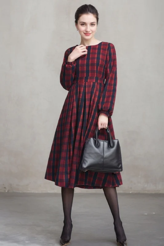 Retro plaid wool dress, midi wool dress 5404 empire Waist empire
