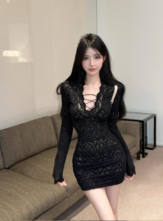 Pure desire hot girl cross hollow slim lace dress Tunics Leisure comfortable