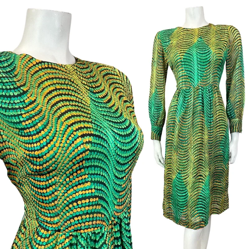 VINTAGE 60s 70s GREEN GOLD BLACK PSYCHEDELIC WAVY DOTTY SWING DRESS 10 empire Waist empire