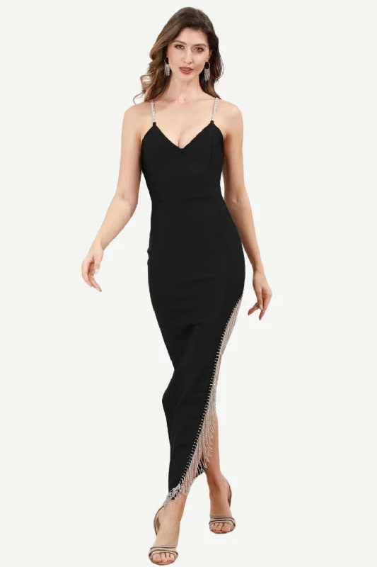 Spaghetti Straps Black Party Dress with Fringes Tunics Distressed trendy