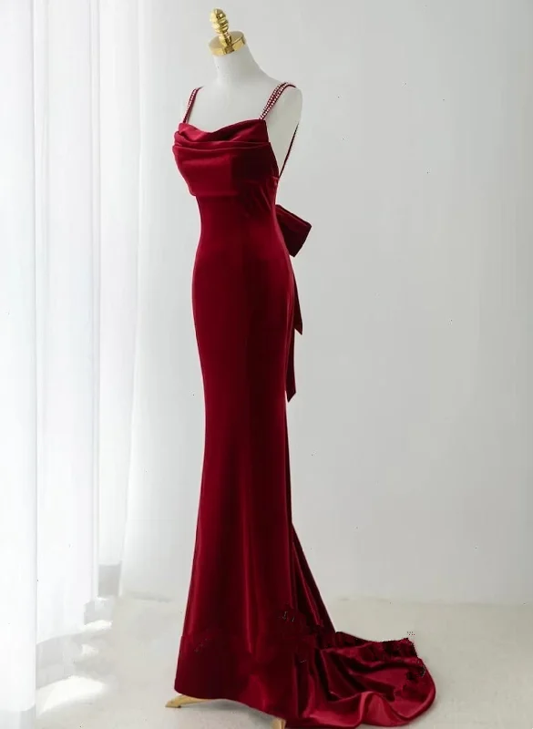Wine Red Velvet Low Back Straps Long Party Dress, Wine Red Wedding Party Dress Tunics Chic elegant Wine Red Velvet Low Back Straps Long Party Dress, Wine Red Wedding Party Dress Tunics Chic elegant