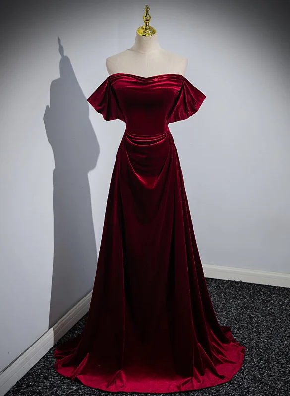 Wine Red Velvet Off Shoulder A-line Long Party Dress, Wine Red Floor Length Prom Dress Tunics Silk luxurious Wine Red Velvet Off Shoulder A-line Long Party Dress, Wine Red Floor Length Prom Dress Tunics Silk luxurious