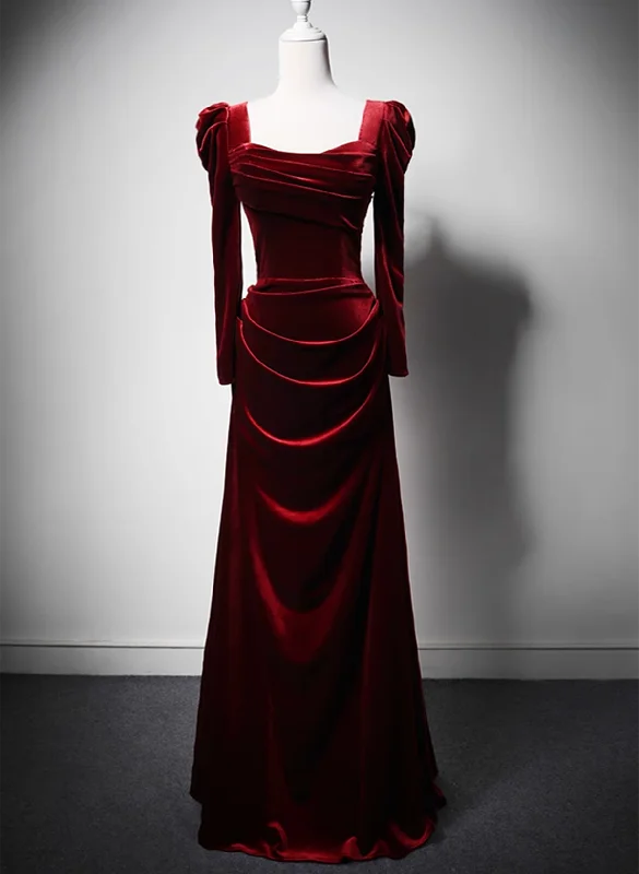 Wine Red Long Sleeves Velvet Long Party Dress, Wine Red A-line Prom Dress Wedding Party Dress Tunics Formal black