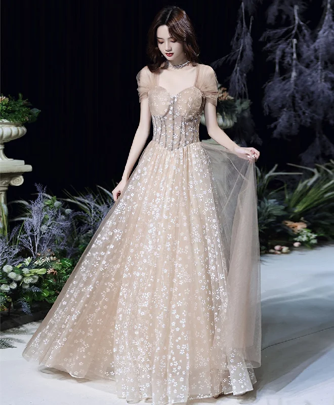 Champagne Tulle Long Prom Dress, Champagne Formal Party Dress with Beading Tunics Yoga stretchy Champagne Tulle Long Prom Dress, Champagne Formal Party Dress with Beading Tunics Yoga stretchy