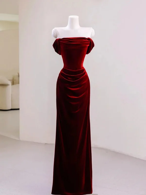 Wine Red Velvet Off Shoulder Floor Length Party Dress, Wine Red Velvet Prom Dress Tunics Essential wardrobe Wine Red Velvet Off Shoulder Floor Length Party Dress, Wine Red Velvet Prom Dress Tunics Essential wardrobe