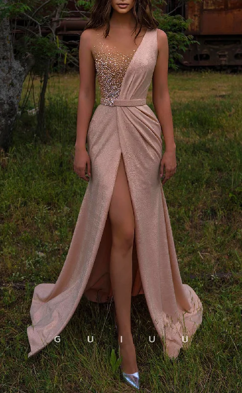 G2614 - Chic & Modern Beaded Illusion Ruched Long Prom Evening Party Dress With Slit Tunics Evening elegant G2614 - Chic & Modern Beaded Illusion Ruched Long Prom Evening Party Dress With Slit Tunics Evening elegant