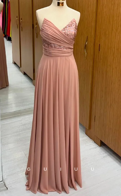 G2804 - A-Line V Neck Strapless Sleeveless Sequined Pleated Ruched Long Prom Party Dress Tunics Sophisticated sleek G2804 - A-Line V Neck Strapless Sleeveless Sequined Pleated Ruched Long Prom Party Dress Tunics Sophisticated sleek