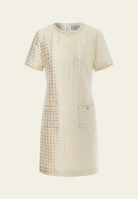 Embossed Jacquard Embellished-trim Patch-pocket Dress Tunics Office stylish