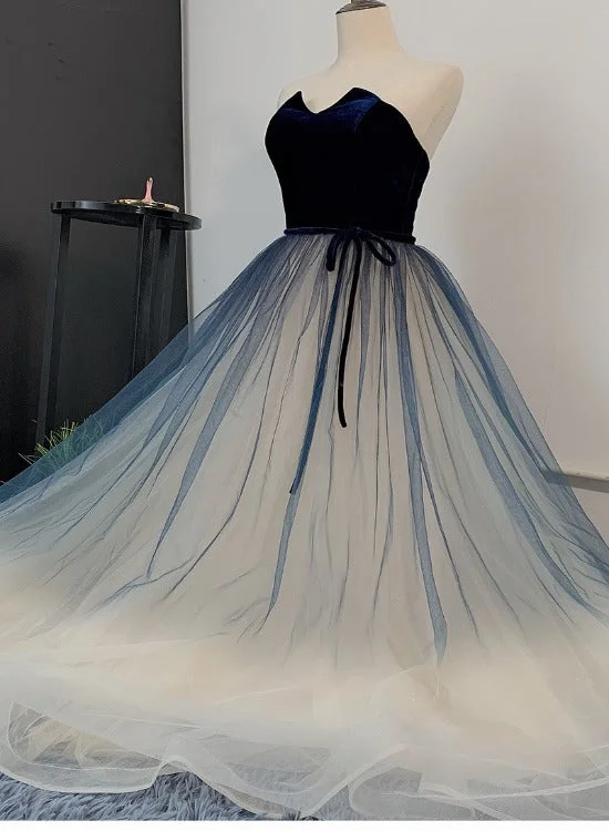 Unique Navy Blue Gradient Tulle with Velvet Top Prom Dress, Tulle Long Party Dress Formal Dress Tunics Formal black Unique Navy Blue Gradient Tulle with Velvet Top Prom Dress, Tulle Long Party Dress Formal Dress Tunics Formal black