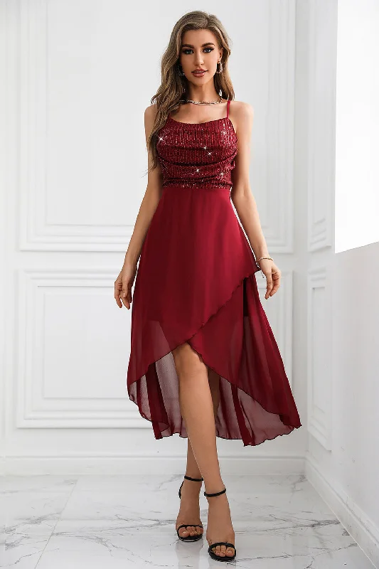 Sparkly Burgundy Spaghetti Straps Asymmetrical Party Dress Tunics Plaid country