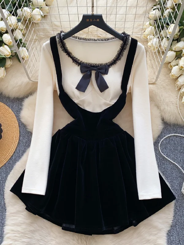 Velvet Skirt Chic Lace Two-Piece Dress Tunics stripes playful