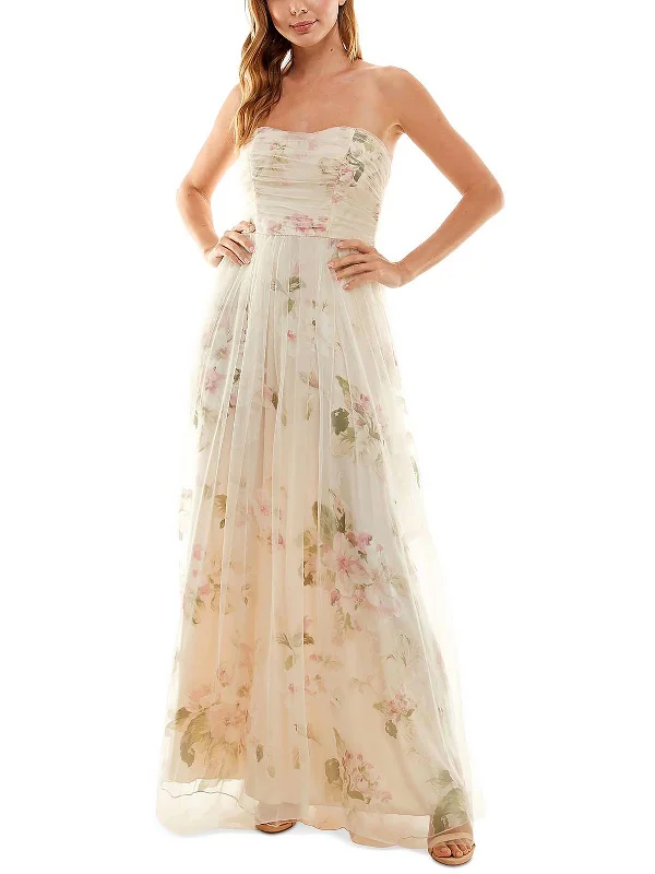 Juniors Womens Tulle Floral Print Evening Dress Tunics Chic elegant