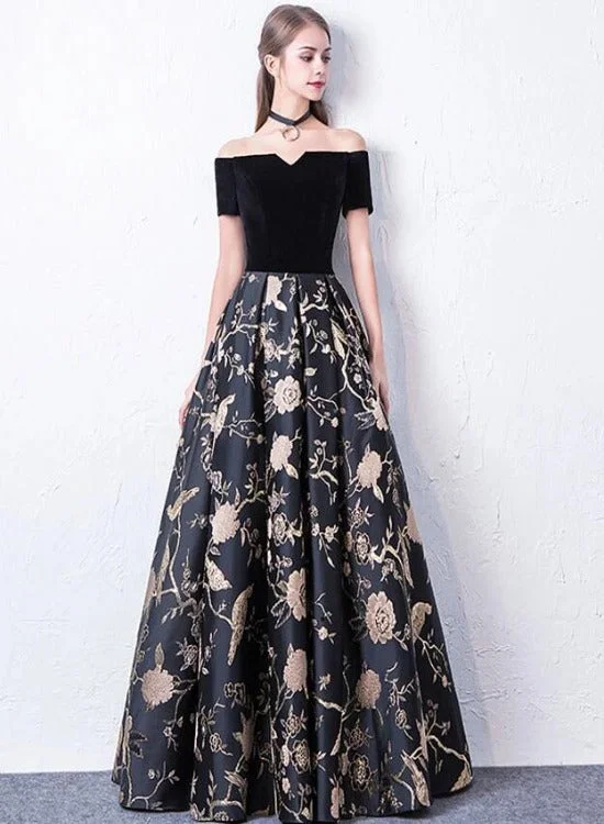 Black Off Shoulder Floral Satin and Velvet Long Party Dress, Black Formal Dress Prom Dress Tunics Evening elegant Black Off Shoulder Floral Satin and Velvet Long Party Dress, Black Formal Dress Prom Dress Tunics Evening elegant