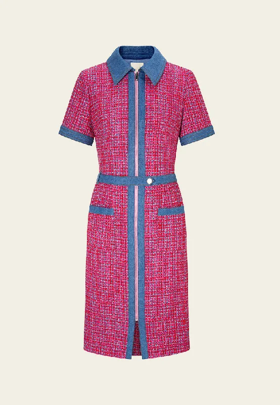 Denim-trim Fuchsia Checked Mix-tweed Dress sweetheart Neckline Romantic
