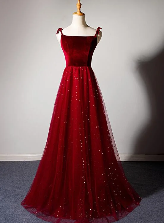 Charming Dark Red Tulle with Velvet Long Straps Party Dress, Bridesmaid Dress Tunics Sale discount Charming Dark Red Tulle with Velvet Long Straps Party Dress, Bridesmaid Dress Tunics Sale discount