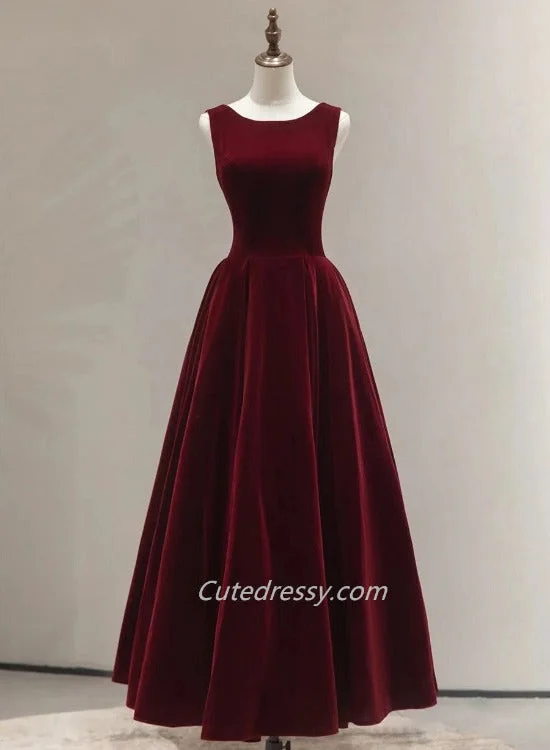 Beautiful Wine Red Velvet Long Simple Party Dress, Wine Red Bridesmaid Dresses Boat Neckline Classic Beautiful Wine Red Velvet Long Simple Party Dress, Wine Red Bridesmaid Dresses Boat Neckline Classic