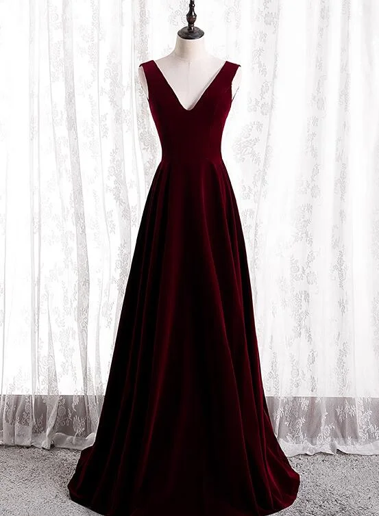 Wine Red V-neckline Velvet Long Bridesmaid Dress Party Dress, A-line Simple Formal Dress Tunics Denim casual Wine Red V-neckline Velvet Long Bridesmaid Dress Party Dress, A-line Simple Formal Dress Tunics Denim casual