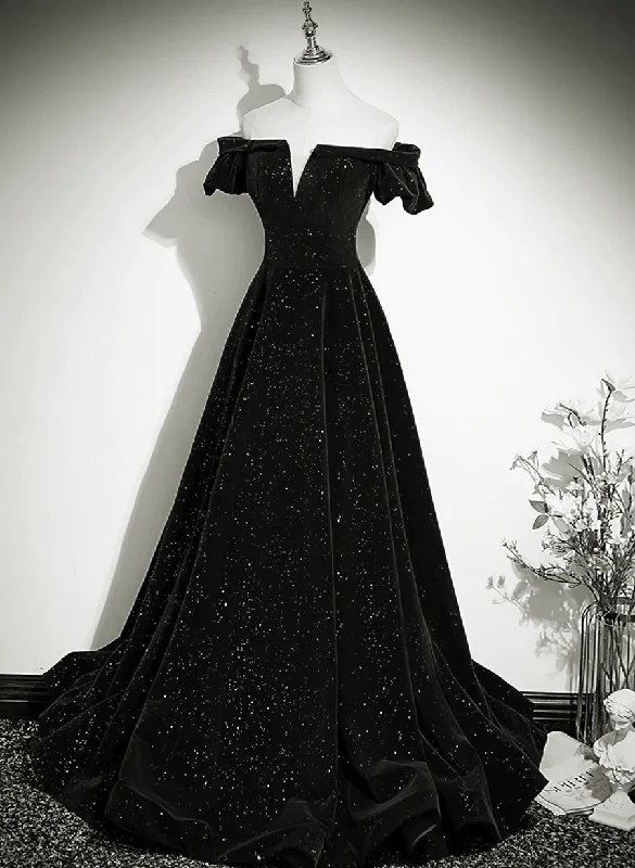 Black Velvet Off Shoulder A-line Long Prom Dress, Black Simple Wedding Party Dress Chiffon Maxi Beach Black Velvet Off Shoulder A-line Long Prom Dress, Black Simple Wedding Party Dress Chiffon Maxi Beach