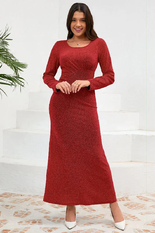 Red Mermaid Scoop Neck Long Party Dress with Long Sleeves Peplum Ruffle Cocktail