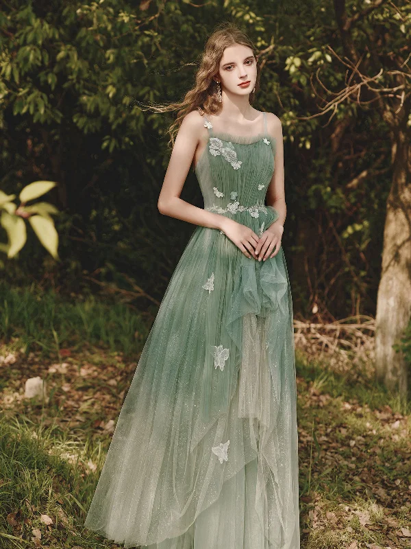 Green Tulle Lace Long Prom Dress, Green A line Formal Party Dress with Applique Tunics Polka dots Green Tulle Lace Long Prom Dress, Green A line Formal Party Dress with Applique Tunics Polka dots