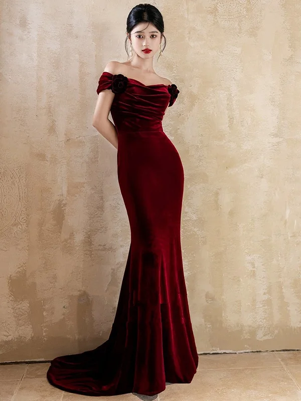 Lovely Velvet Mermaid Off Shoulder Long Prom Dress, Wine Red Wedding Party Dress Tunics Chic fashionable Lovely Velvet Mermaid Off Shoulder Long Prom Dress, Wine Red Wedding Party Dress Tunics Chic fashionable