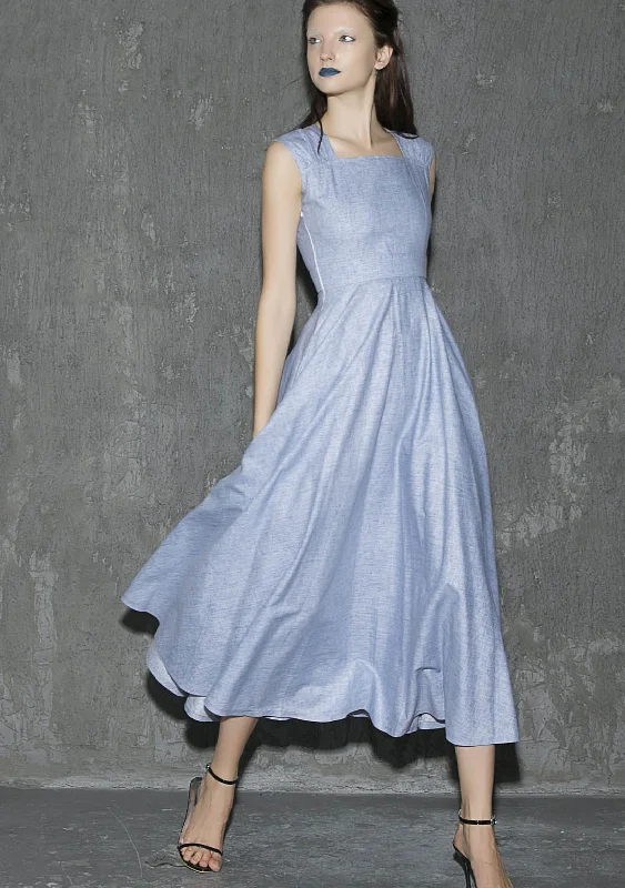 Blue linen women's sleeveless long dress with side zipper for summer 1316 Maxi Flowy Bohemian