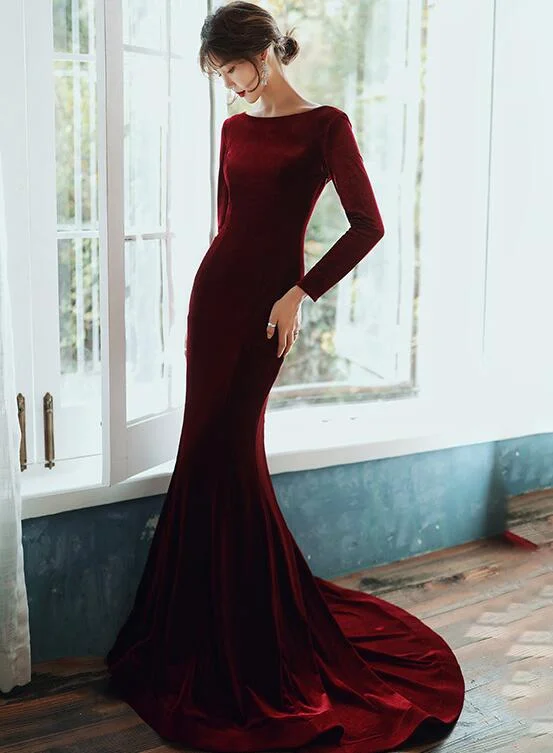 Burgundy Velvet Long Sleeves Mermaid Party Dress, Long Prom Dress Tunics Bridal satin Burgundy Velvet Long Sleeves Mermaid Party Dress, Long Prom Dress Tunics Bridal satin
