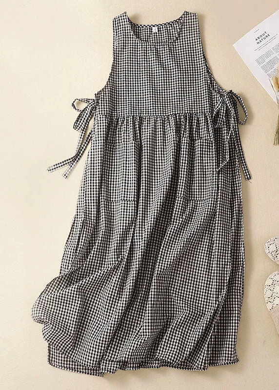 Black Plaid Linen Party Dress O-Neck Lace Up Wrinkled Sleeveless Tunics Timeless classic Black Plaid Linen Party Dress O-Neck Lace Up Wrinkled Sleeveless Tunics Timeless classic