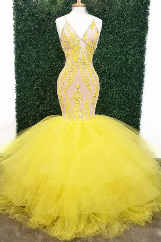 Yellow Sexy Prom Dresses With Deep V Neck Lace Appliques Mermaid Evening Gowns Plus Size Sweep Train Tulle Formal Party Dress KS7231 Tunics Top Casual Yellow Sexy Prom Dresses With Deep V Neck Lace Appliques Mermaid Evening Gowns Plus Size Sweep Train Tulle Formal Party Dress KS7231 Tunics Top Casual
