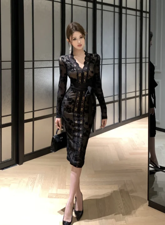 Retro flocking stitching lace strap slim dress Tunics Party sparkling