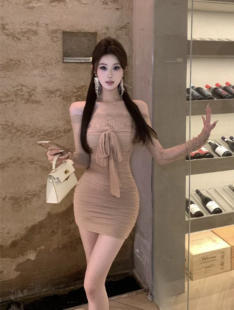 Pure desire spice girl lace stitching gauze slim dress Tunics New arrival