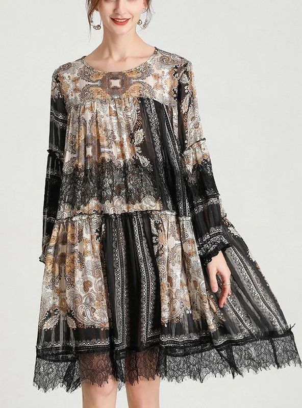 Italian Black Print Chiffon O-Neck Summer Party Dress Tunics Chic fashionable