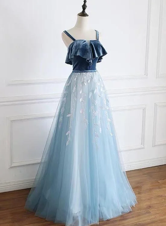 Blue Straps Beautiful Tulle and Velvet Long Party Dress, A-line Blue Evening Dress Tunics Exclusive limited Blue Straps Beautiful Tulle and Velvet Long Party Dress, A-line Blue Evening Dress Tunics Exclusive limited