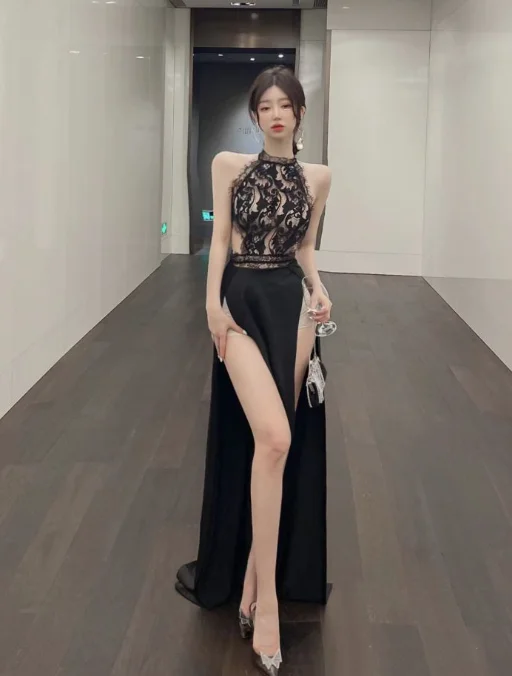 Sexy big backless perspective lace high slit dress Tunics Silk luxurious