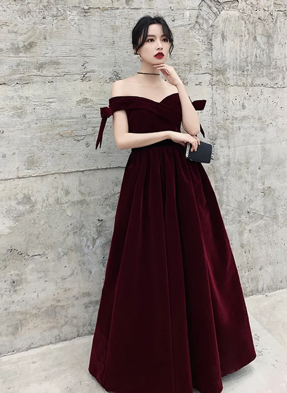 Wine Red Velvet Off Shoulder Party Dress, A-line Velvet Bridesmaid Dress Prom Dress Tunics Practical easy-care