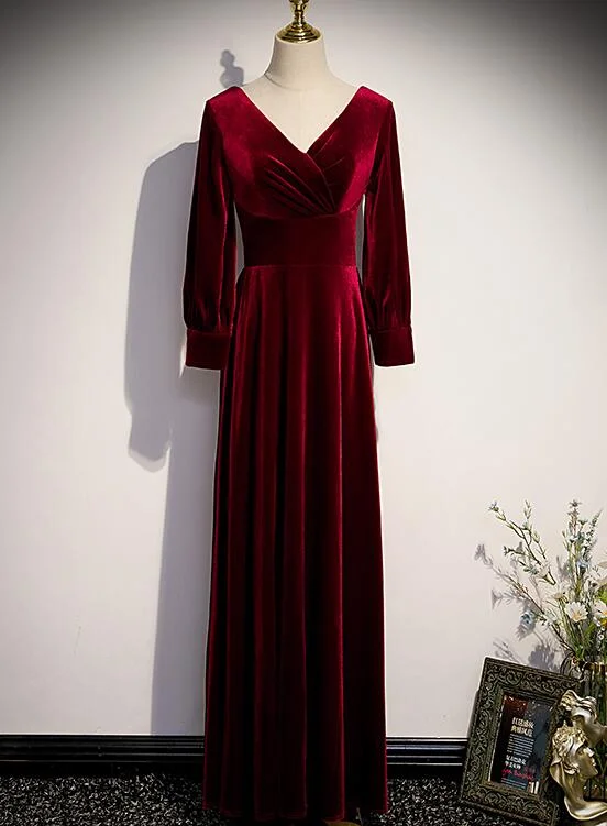 Wine Red Velvet Long Sleeves V-neckline Wedding Party Dresses, Dark Red Prom Dresses Tunics Mesh breathable Wine Red Velvet Long Sleeves V-neckline Wedding Party Dresses, Dark Red Prom Dresses Tunics Mesh breathable