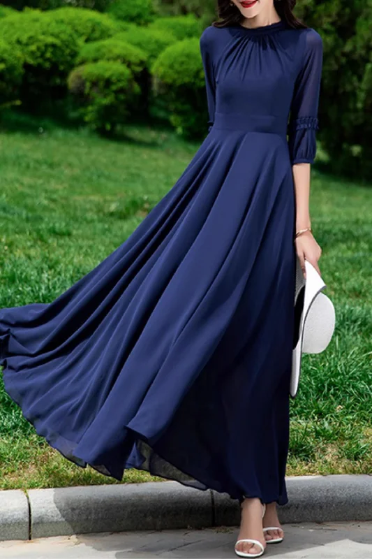 Navy blue maxi prom wedding chiffon dress 5169 Tunics Satin smooth