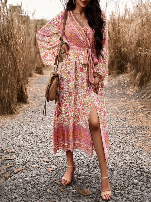 Elegant casual printed V-neck A-line dress Tunics Trendy modern