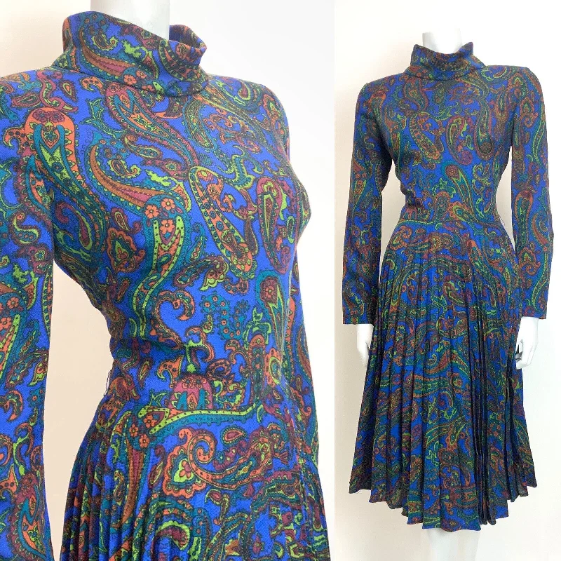 VTG 60s 70s BLUE GREEN PURPLE PSYCHEDELIC FLORAL PAISLEY PLEATED SWING DRESS 12 Tunics Stylish modern VTG 60s 70s BLUE GREEN PURPLE PSYCHEDELIC FLORAL PAISLEY PLEATED SWING DRESS 12 Tunics Stylish modern