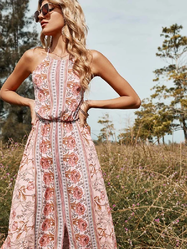 BerriesJam - Casual Pink Sling Print Sexy O-neck High-waist Backless Dress Tunics Short Trendy BerriesJam - Casual Pink Sling Print Sexy O-neck High-waist Backless Dress Tunics Short Trendy