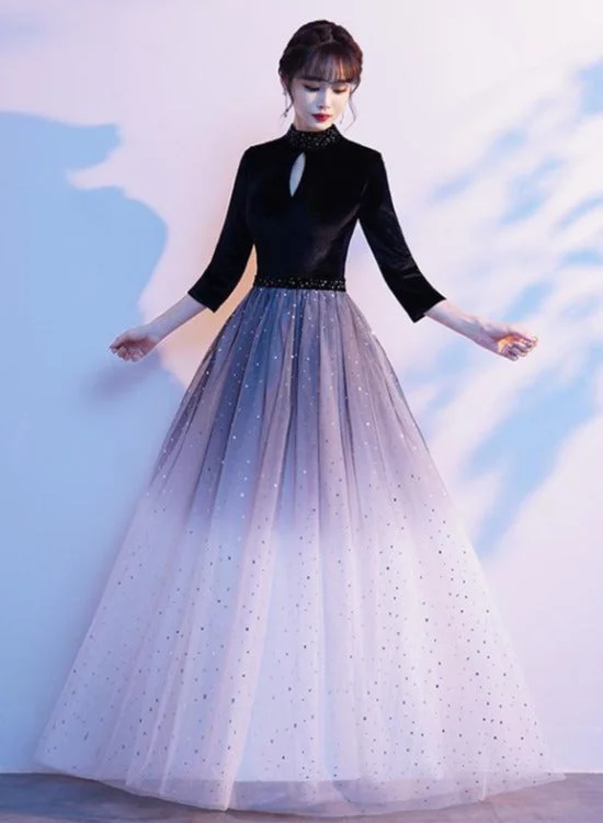 Black Velvet High Neckline Gradient Tulle Floor Length Party Dress, A-line Simple Bridesmaid Dresses Tunics Print Colorful Black Velvet High Neckline Gradient Tulle Floor Length Party Dress, A-line Simple Bridesmaid Dresses Tunics Print Colorful