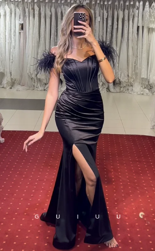 G4041 - Sheath Off Shoulder Feather Black Stain Pleated Long Prom Party Dress with Side Slit Tunics Yoga stretchy G4041 - Sheath Off Shoulder Feather Black Stain Pleated Long Prom Party Dress with Side Slit Tunics Yoga stretchy