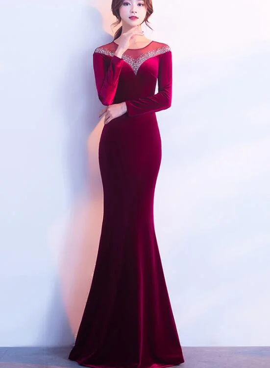 Elegant Long Sleeves Velvet Mermaid Long Party Dress, Charming Prom Dress Tunics Handmade artisanal Elegant Long Sleeves Velvet Mermaid Long Party Dress, Charming Prom Dress Tunics Handmade artisanal