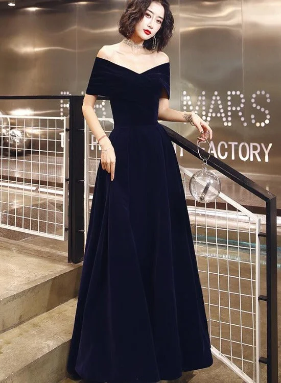 Navy Blue Off Shoulder Velvet Floor Length Party Dresses, Navy Blue Evening Dresses Tunics Spring floral Navy Blue Off Shoulder Velvet Floor Length Party Dresses, Navy Blue Evening Dresses Tunics Spring floral