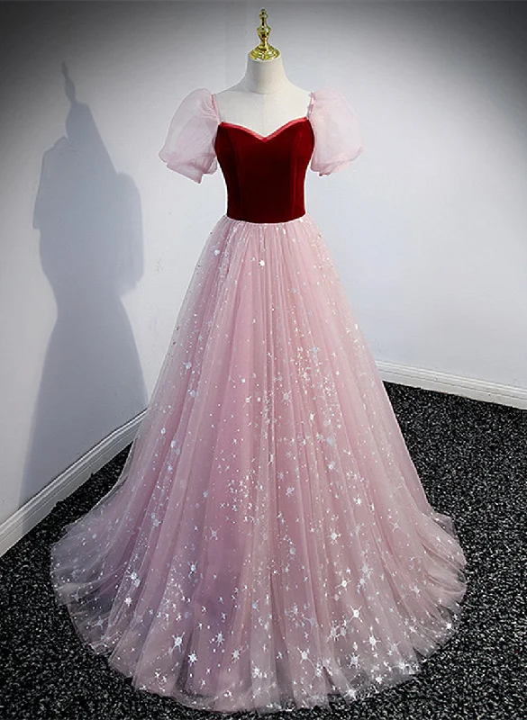 Pink Tulle with Wine Red Velvet Sweetheart Prom Dress, A-line Long Party Dress Satin Halter Glamorous Pink Tulle with Wine Red Velvet Sweetheart Prom Dress, A-line Long Party Dress Satin Halter Glamorous